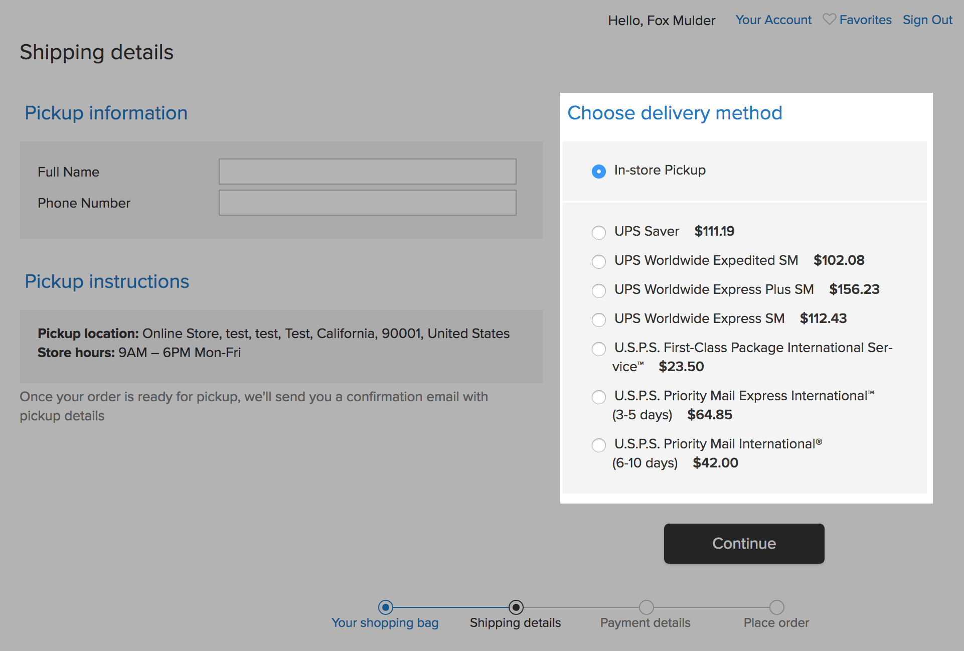 List of delivery methods with radio buttons to the left.