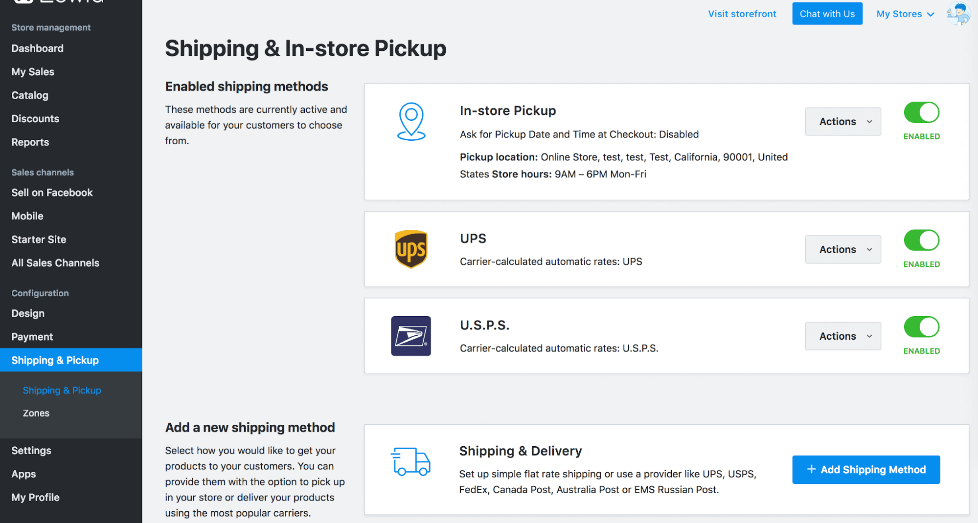 Various shipping methods with green toggles to their right. Various toggles are enabled.
