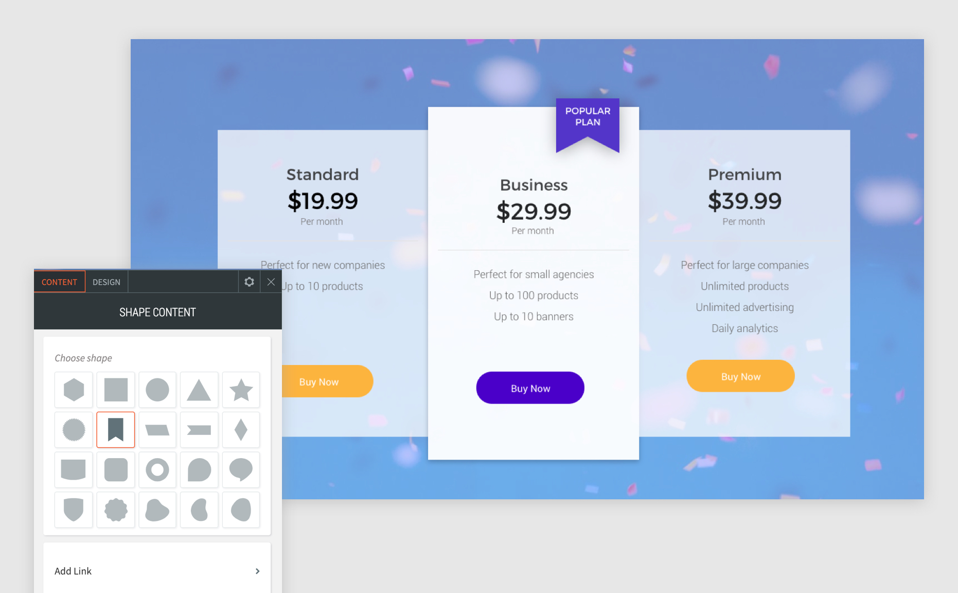 Widget Forme avec le menu contextuel ouvert et la forme du ruban sélectionnée pour vous montrer que vous pouvez utiliser le widget pour afficher des plans