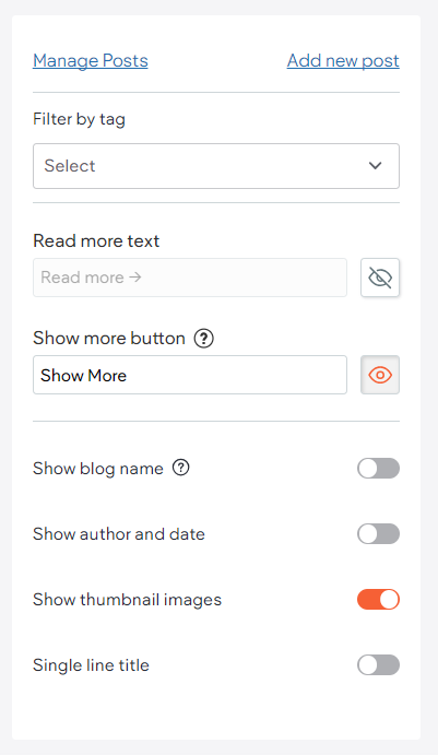 Le menu contextuel du widget Tous les articles est ouvert avec l'option Afficher les images miniatures activée.