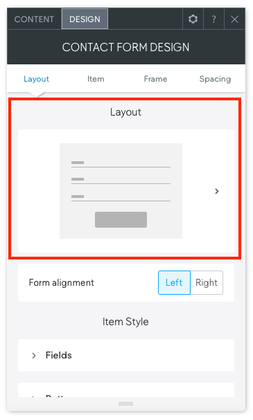Le menu de conception du widget de formulaire de contact est ouvert. La section où vous pouvez utiliser des flèches pour sélectionner une mise en page est encadrée en rouge.