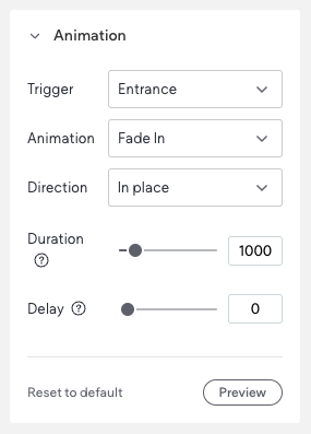 Panneau pour un widget ouvert sur la section animation. Les paramètres d'animation disponibles sont répertoriés.