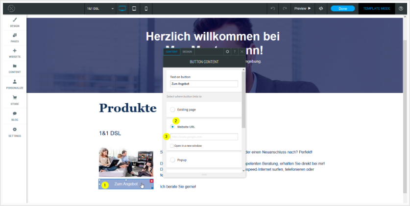 Le menu contextuel du widget de bouton s'ouvre avec un bouton radio sélectionné à côté de l'URL du site web. Il y a un champ URL en dessous.