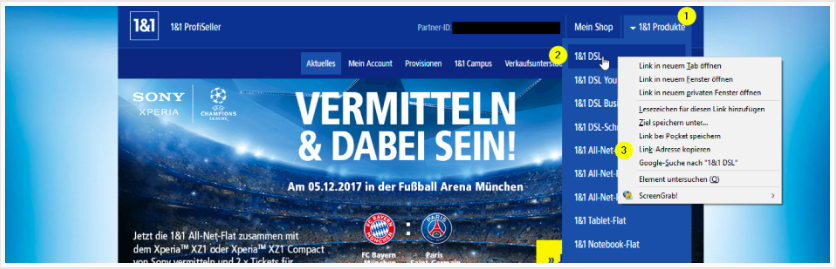 Le site web 1&1 est ouvert avec des images bleues. Un menu de sélection est ouvert.