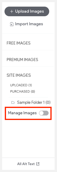 Panneau latéral gauche du gestionnaire de médias avec l'option de gestion des images sélectionnée.