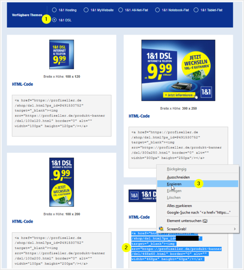 Exemples d'extraits de code HTML avec un menu ouvert.