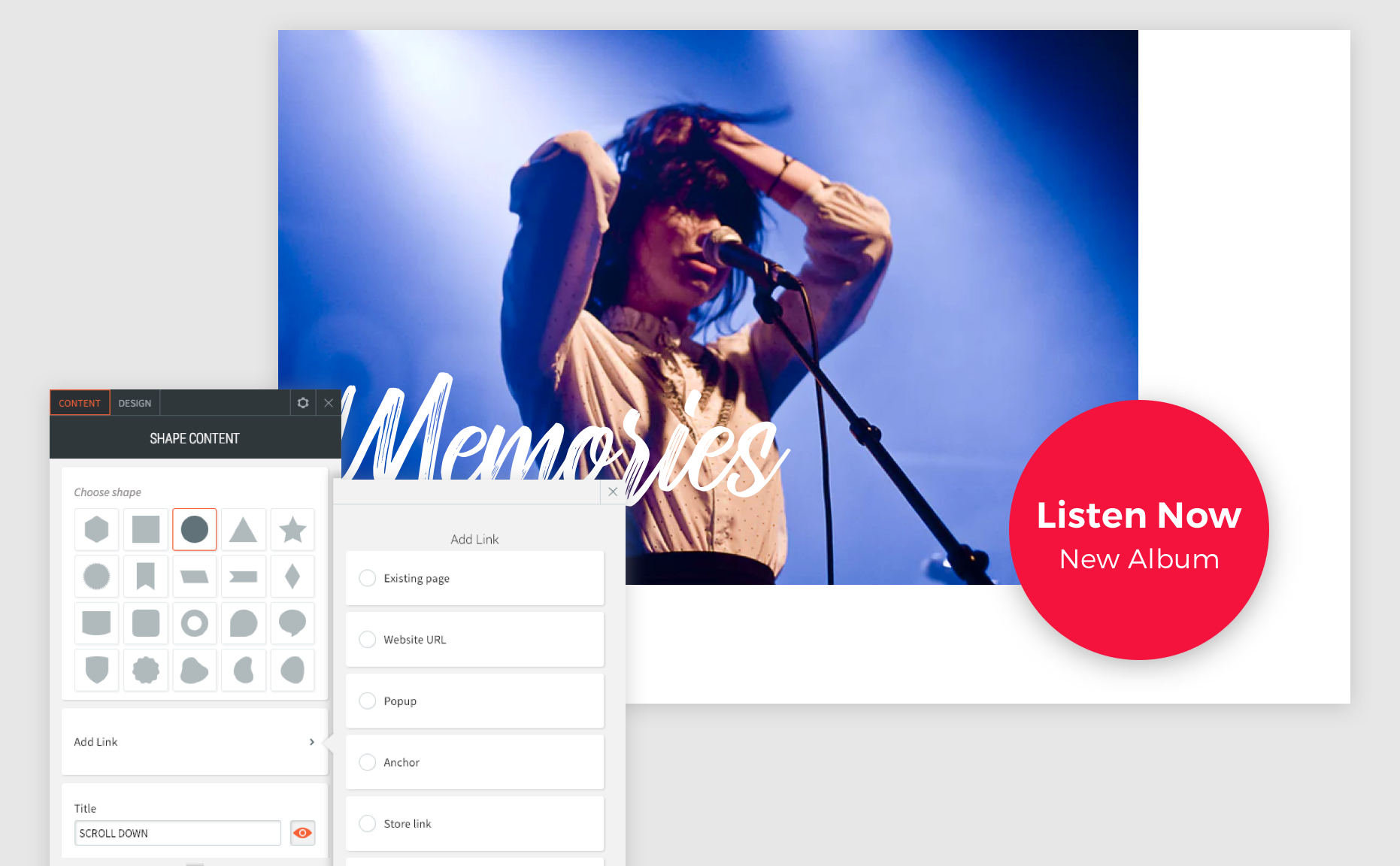Le menu contextuel du widget Forme est ouvert avec le cercle sélectionné pour indiquer que vous pouvez utiliser une forme pour un bouton