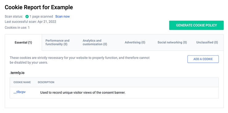 Dashboard di esempio per un rapporto sui cookie. Il rapporto ha schede e tabelle che mostrano i risultati.