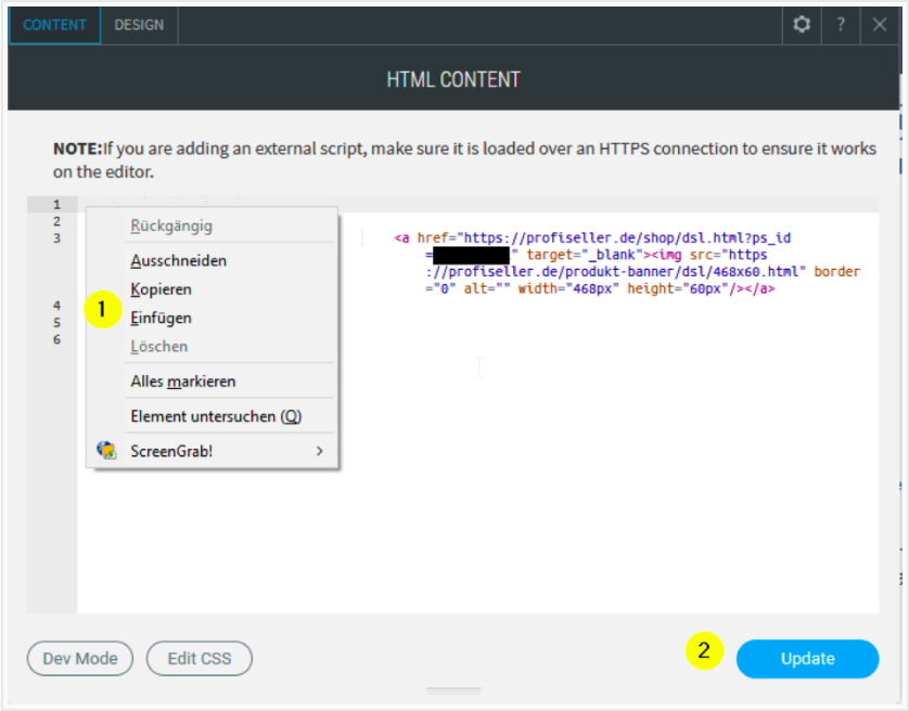 Menu contestuale del widget HTML aperto e visualizzazione del codice scritto.