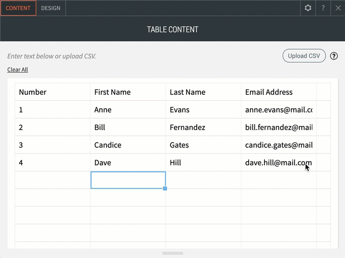 La pestaña de contenido en el menú contextual del widget Tabla está abierta y muestra el contenido de una tabla. Hay un botón de carga de CSV en la esquina superior derecha.
