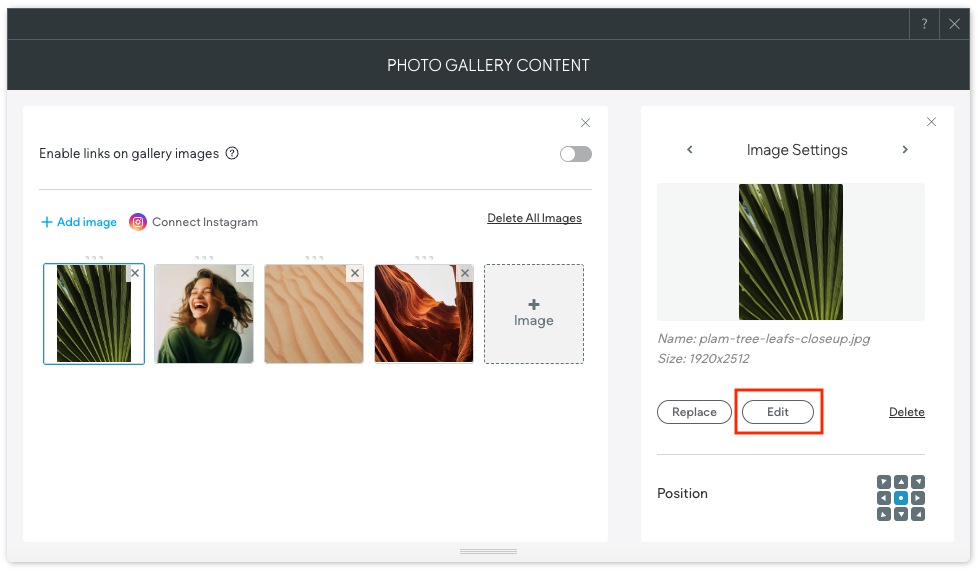 Widget de galería de fotos con el selector de imágenes abierto. El botón de edición está recuadrado en rojo.