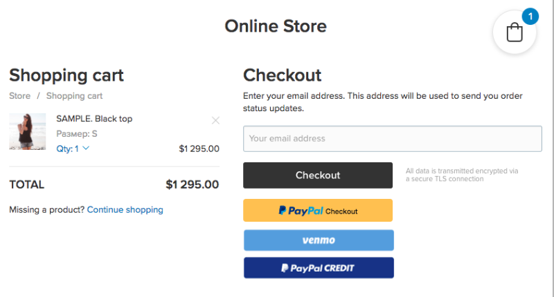 Página de checkout con un resumen del carrito de compras a la izquierda y los métodos de checkout a la derecha. Cada método de pago del checkout es un botón.