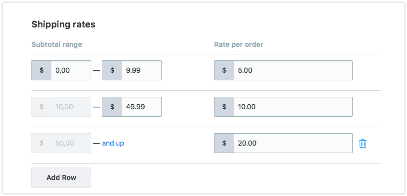 Gray fields where you enter rates. Gray add row button on bottom left.