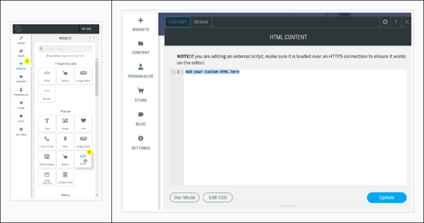 Open widget panel on the left side. The HTML widget content tab is open on the right side.