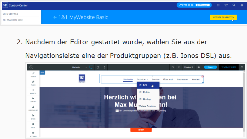 Navigation widget menu opened with 1&1 DSL selected.